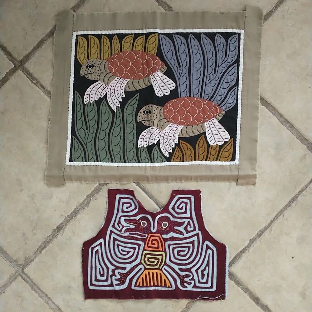 Vtg Kuna MOLA Textile Panels Hand Applique Panama Turtle Bird Lot of 2